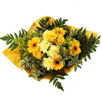 Colour: Yellow<br>This oval is bound bouquet of yellow roses, yellow carnations,...