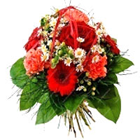 Color: red - orange<br>This bouquet is tied with red roses, orange carnations, h...