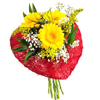 Color: yellow - orange<br>Bound is this delicate heart bouquet with yellow Germi...