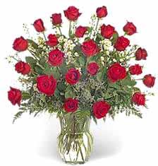 This lovely bouquet of 24 Red Roses includes a nice vase....