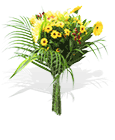 This bouquet is filled with roses, gerberas, chrysants and santini. A sweet arra...