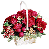 A handled basket carries red roses and red mini carnations accented with red gla...