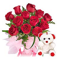 Elegant Arrangement of 12 Red Roses with a Cute Teddy Bear