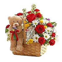 Delicate Arrangement of Mixed Flowers with Teddy for Grand Celebration