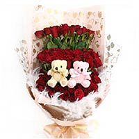 Exotic Bouquet of 66 Red Roses with 2 Little Bear Toy