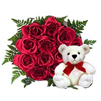 Exquisite Arrangement of 1 Dozen Red Roses and a Bear Toy