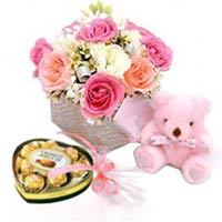 Blooming Selection of Roses with Chocolate and Small Bear