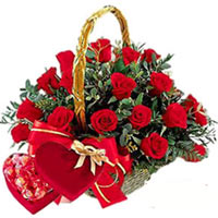 Gorgeous Pure Love Basket of 19 Red Roses and a Box of Chocolate