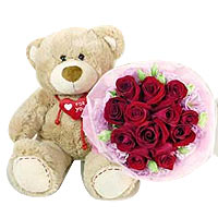 Luminous Gift Pack of 12 Red Roses Bunch and a Teddy Bear