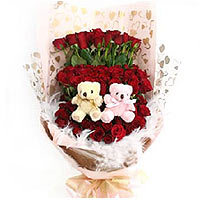 Breathtaking Bunch of 66 Red Roses with 2 Little Bear Toy