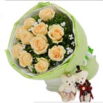 Wonderful Arrangement of 11 Champagne Roses with 2 Cute Bears