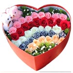 Blooming Arrangeemnt of 39 Mixed Roses in a Heart Shape Box