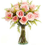 Magical Selection of Twelve Pink Roses in a Glass Vase