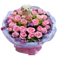 Bewitching Bunch of 33 Pink Roses with Bear<br/><br/>
