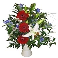 Lavish flower arrangement 3 gerberas, lilies SG, 6 Campanula, Gypsophila and add...