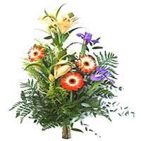 Flower arrangement of two lilies, iris 2, 3 gerberas, greenery complemented Soli...