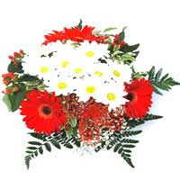 Unique combination of 3 red gerberas, 2 chrysanthemums, hypericum, Gypsophila, a...