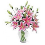 Arrangement of lilies in glass vase ....