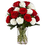 Bouquet of red roses and white carnations