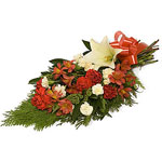 This impeccably presented flat bouquet combines the luminous beauty of red roses...