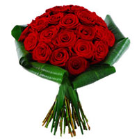 A bunch of 24 red roses clasped by Aspidistra leaves is the ideal gift to expres...