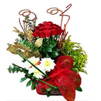What a special flower bouquet! The contrast of red roses, bright green bells of ...