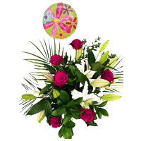 A special arrangement for her arranged in a stylish way with a helium 18inch mot...