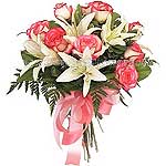 Roses and Lilies bouquet with Red and White Roses, White Liliums and additonal f...