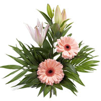 A simple and dignified pink bouquet of high set lilies with descending tiers of ...