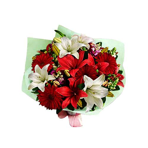 A robust bouquet of crimson and white Royal Lilies...
