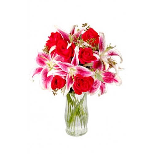 Combination of 6pcs Red Roses & 3 White Lilies in a Vase...