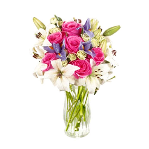 Combination of 6pcs Pink Roses & 3 White Lilies in a Vase...