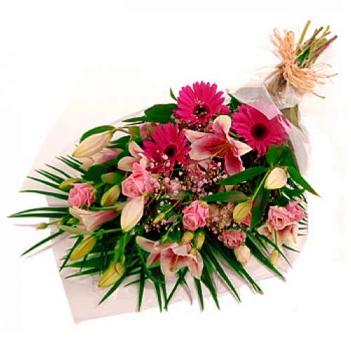 A Bouquet of Half Dozen Mixed Pink Flowers.<br>- Pink Gerbera<br>- Pink Lilies<b...