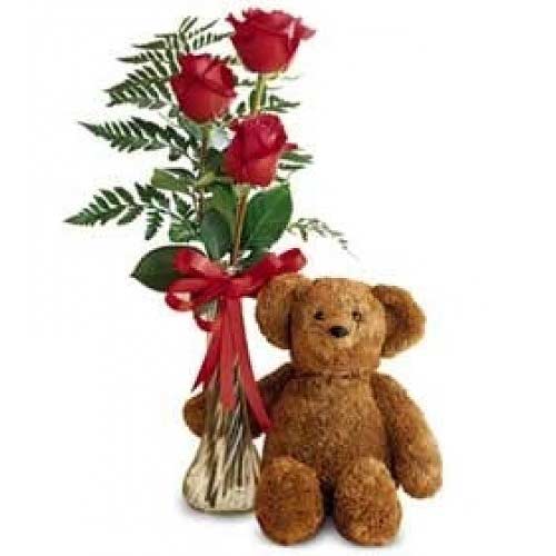 3 Red Roses with Teddy