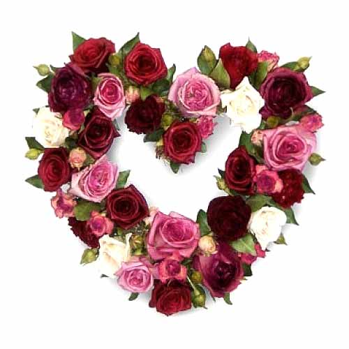 Red and pink roses in a heart shape basket....
