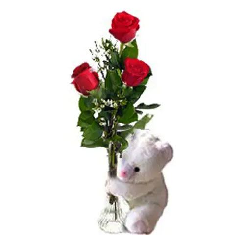 3 pcs Red roses in a vase with 1 teddy bear....