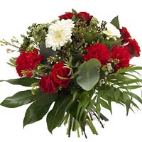 Bouquet is formed with gerberas, roses, carnations and dill. Combination of red ...