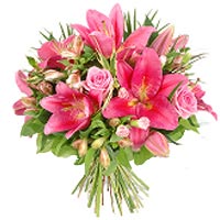 A bouquet of lilies  and pink rose gift that opens up the heart of anyone....