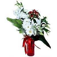 1 White lilies in glass vase, 10 red roses, white gerbera daisies and lisyantusl...