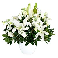 Snow White Roses and Lilies. This bouquet is composed of 5 white roses with 2 li...