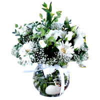 White Magic Gerberas and Roses. In this vase 5 white roses with white flowers ar...