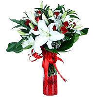 3 Red and White Lilies and 9 Roses arrangement....