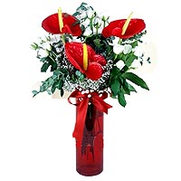 Cylinder red anthuriums and white roses in glass vase. In this vase 7 white rose...