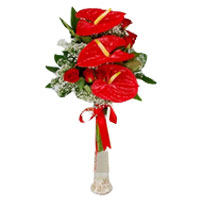 Flute transparent red anthuriums and red roses in a vase. 6 red roses and 3 anth...