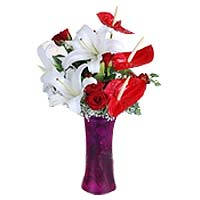 Color of Love Pink Vase Red Anthuriums and Roses. This vase is composed of 12 re...