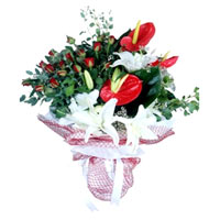 Anthurium Bouquet of Love and Roses. 15 roses, 2 lilies and 3 anthuriums are arr...