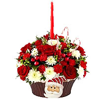 Keramiiko pot with Santa Claus with red roses, hypericum, chrysanthemums Dutch, ...