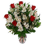 Arrangement of  red roses, white flowes  with gree...