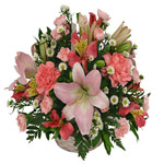 Bouquet in shades of pink roses and small flowers ...
