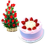 Strawberry Cake N Red Roses Basket